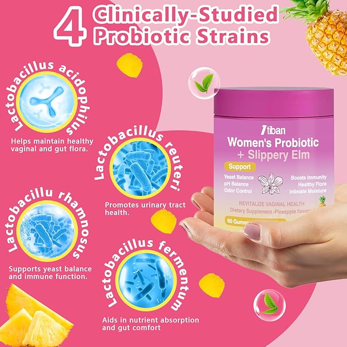 Feminine Vaginal Probiotics Gummies, Supports pH Balance & Digestive Health, Slippery Elm for Women, Suagr-Free, Veagn, Pineapple Flavor, 60 Count