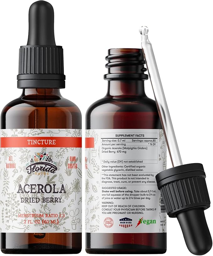 Acerola Tincture (Vitamin C), Organic Acerola Extract (Malpighia Glabra) Dried Berry for Blood, Heart, Arteries, Non-GMO in Cold-Pressed Organic Vegetable Glycerin, Florida Herbs Supplements
