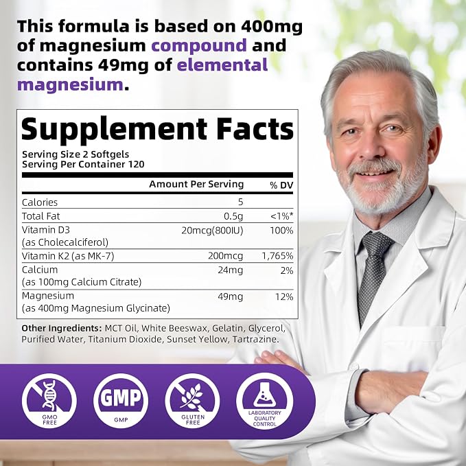 Magnesium Glycinate 400mg Softgels, Small Easy to Swallow High Absorption Magnesium Supplement, with Vitamin D3 & K2 for Sleep Relax Calm Muscle Bone* Health, 120 Gelcaps