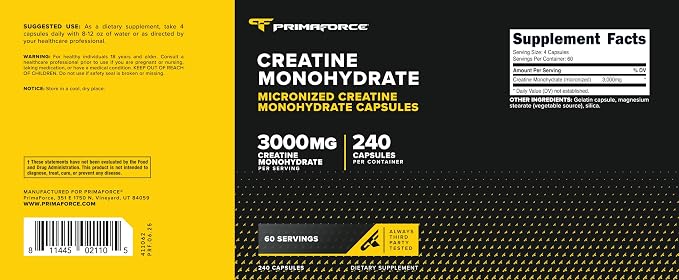 Primaforce Creatine Monohydrate Capsules - 240 Capsules, 3,000mg per Serving, Gluten Free and Non-GMO