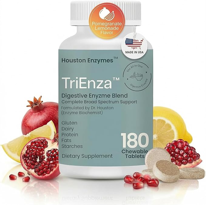 Houston Enzymes TriEnza - Digestive Enzyme Supplement for Gluten, Casein, Soy, Proteins, Carbohydrates, Fats & Polyphenols - Digestive Enzymes for Women & Men (180 Chewable Tablets)