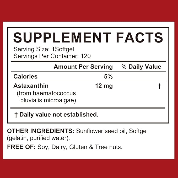 Astaxanthin Supplement – Natural Antioxidant Support – 12mg High Strength Softgels – Clean Formula, Gluten-Free, Easy to Swallow Capsules for Daily Wellness