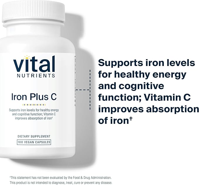 Vital Nutrients Iron Plus C - Vegan Iron Supplement - 20mg Fe with 200mg Vitamin C to Increase Fe and Energy Levels - Gluten, Dairy, Soy Free - Non-GMO - 100 Capsules