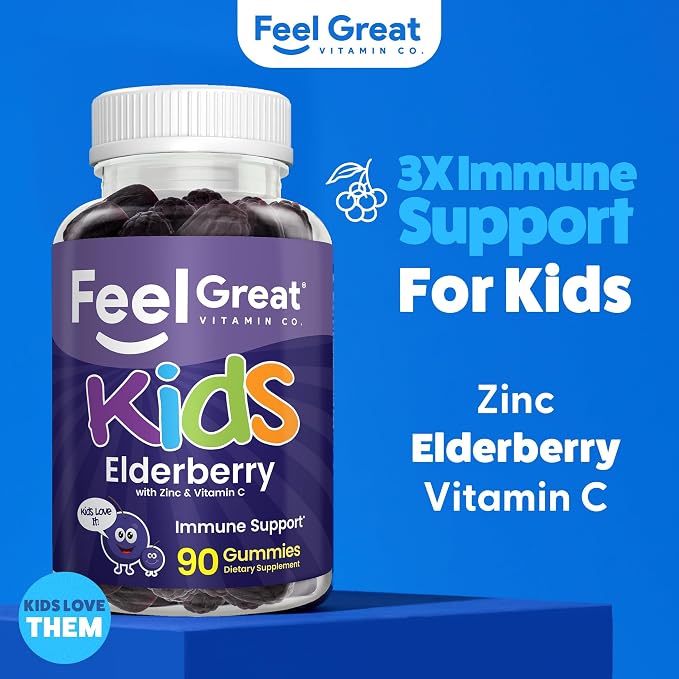 Feel Great Vitamin Co. Elderberry Gummies for Kids | Immune Support | Natural Antioxidant Immune Booster | with Vitamin C and Zinc | Gluten Free & Vegetarian | 90 ct 2 Pack