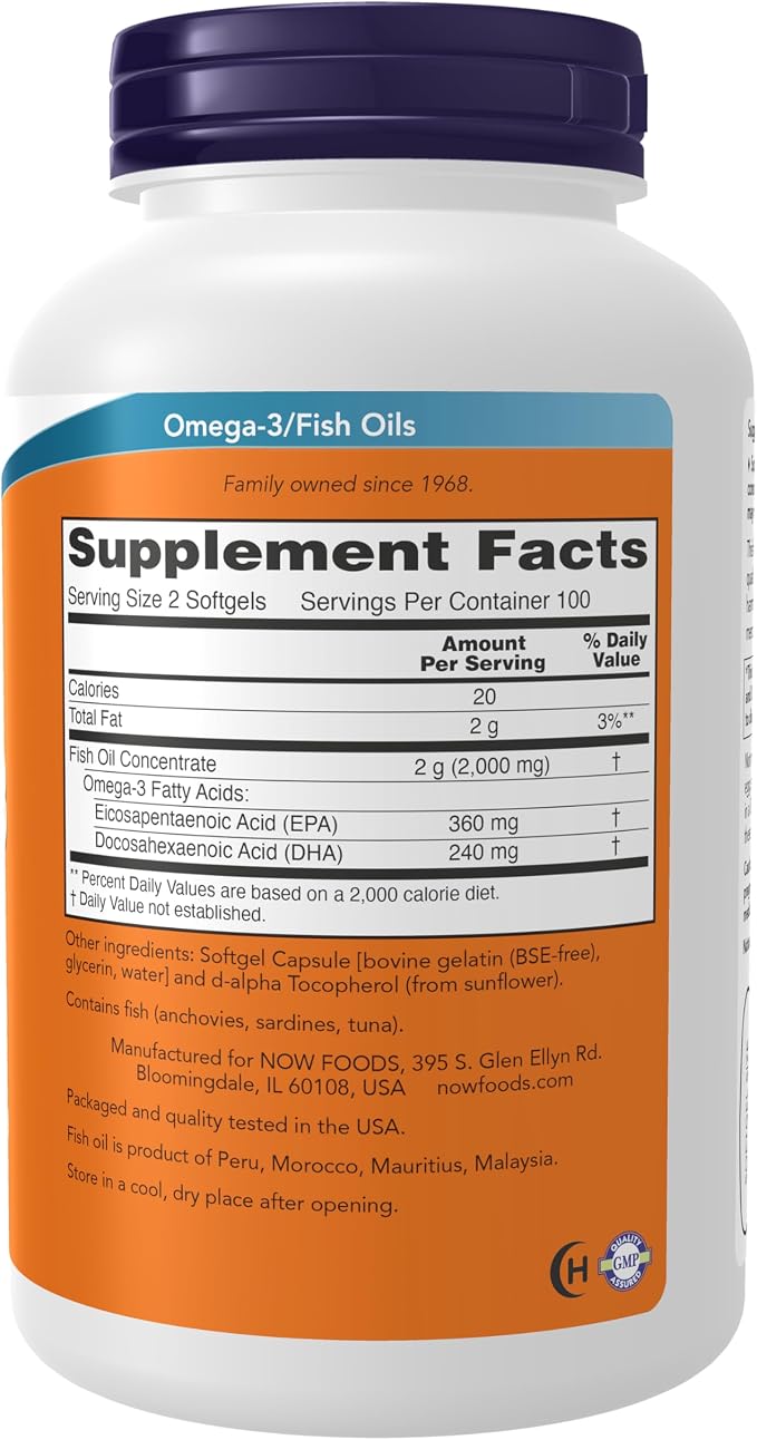 NOW Foods Supplements, Omega-3 180 EPA / 120 DHA, Molecularly Distilled, Cardiovascular Support*, 200 Softgels