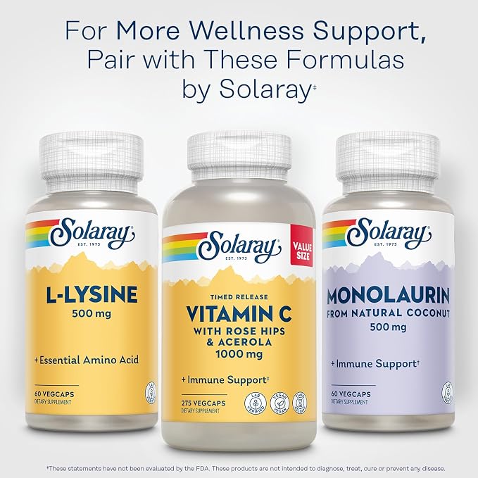 SOLARAY L Lysine 500 mg Capsules - Free-Form Essential Amino Acids Supplement - Powerful Wellness Support with L-Lysine Amino Acid - Lab Verified, 60-Day Guarantee, 60 Servings, 60 VegCaps