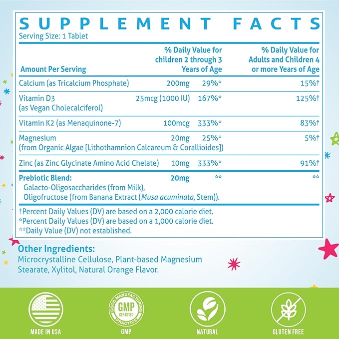 ChiQwench 500 MG Calcium Supplement with Vitamin D3 & K2, Zinc, Magnesium & Prebiotics. Kids Vitamins for Kids' Height. Bone Strength, High Absorption, Orange Chewables, Non-GMO, Gluten Free, 60 Tabs