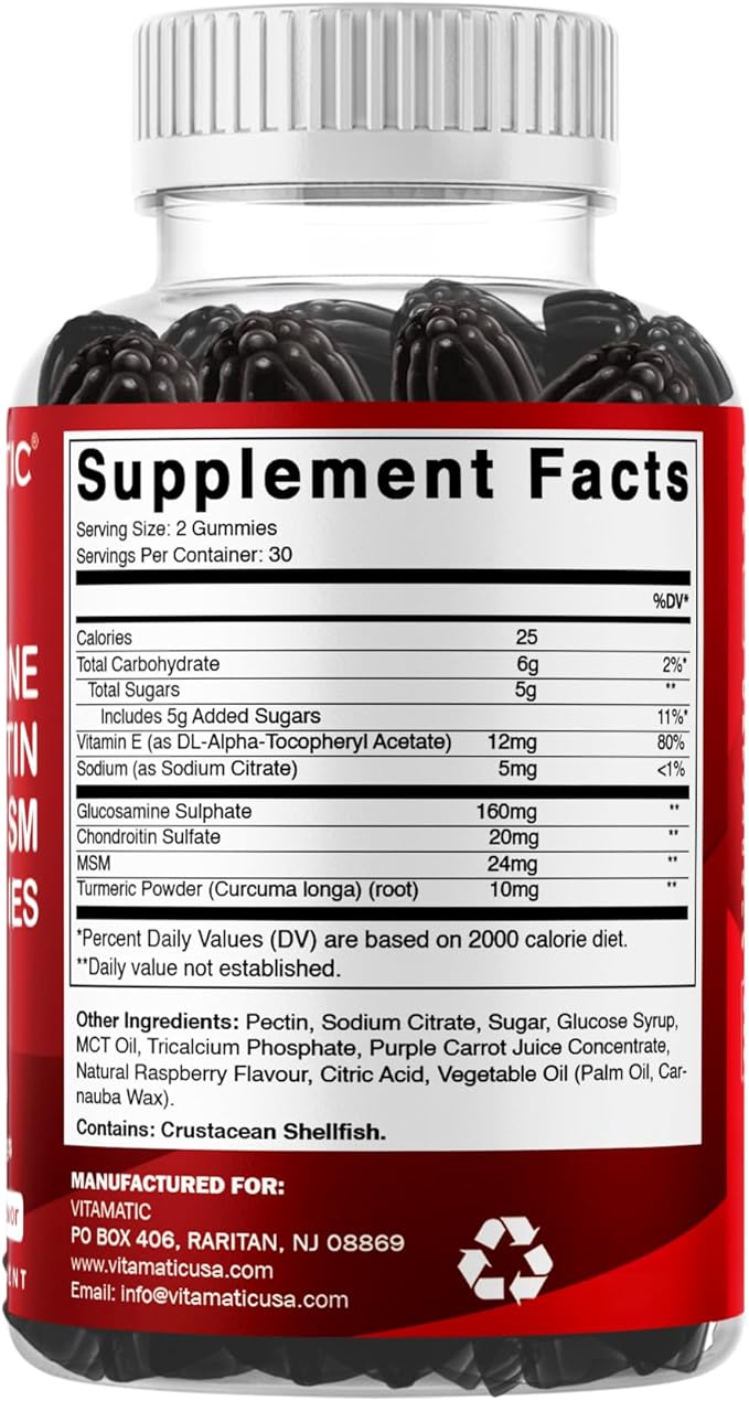 Vitamatic Glucosamine Chondroitin Gummies with MSM & Vitamin E – Joint Support – 60 Pectin-Based Gummies per Bottle – Pack of 2 (Total 120 Count)