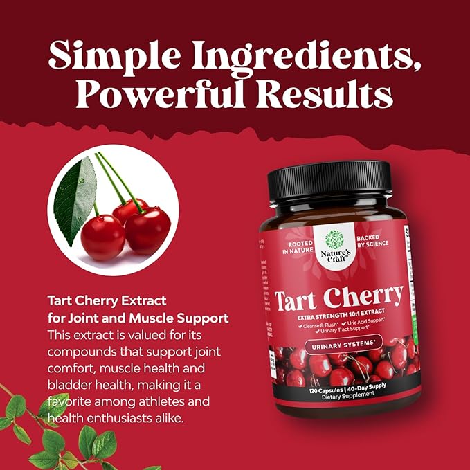Extra Strength Tart Cherry Capsules - Tart Cherry Extract Capsules for Uric Acid Cleanse for Kidney Support - Fruit Extract Supplement for Urinary Tract Health & Joint Support - 120 Count