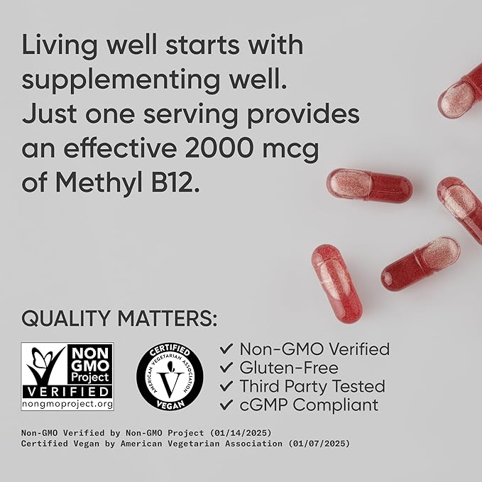 Sports Research® Vitamin B12 as Methylcobalamin 2000mcg - Plant Based B12 w/Coconut MCT Oil for Energy Metabolism Support - Vegan Certified · Non-GMO · Gluten Free - 120 Liquid Caps