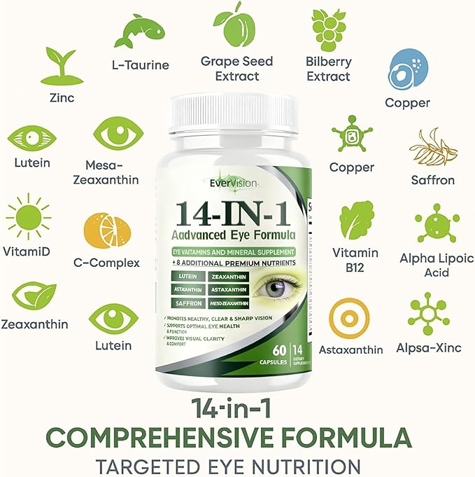 Evervision 14-in-1 Advanced Eye Formula - Eye Vitamin and Mineral Supplement for Eye Health - 60 Capsules (1pc)