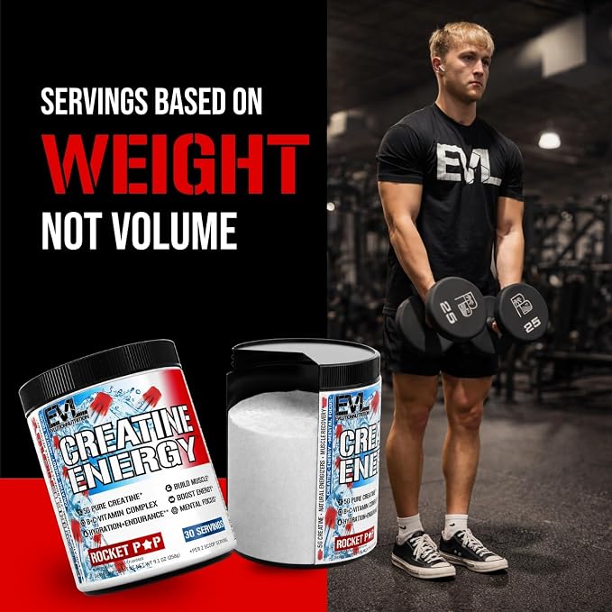 Evlution Nutrition Creatine Energy - Supports Muscle Growth, Boosts Energy, Endurance & Cognition - 5g Pure Creatine Monohydrate Per Serving - B + C Vitamin Complex - 30 Servings - Rocket Pop