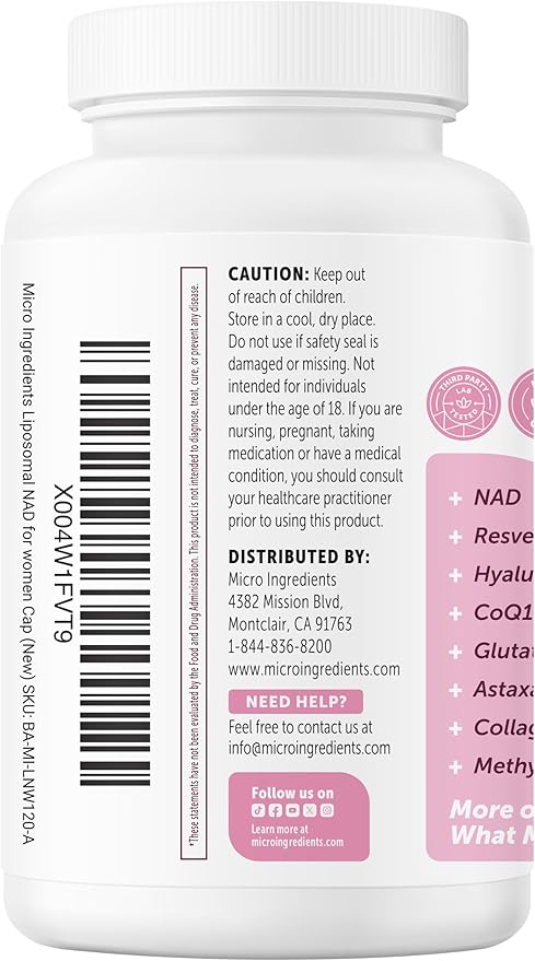Micro Ingredients Liposomal NAD+ for Women Complex, 180 Veggie Capsules | NMN Pathway Supplement | 12-in-1 Advanced NAD Formula with Resveratrol, Hyaluronic Acid, Glutathione, & Collagen