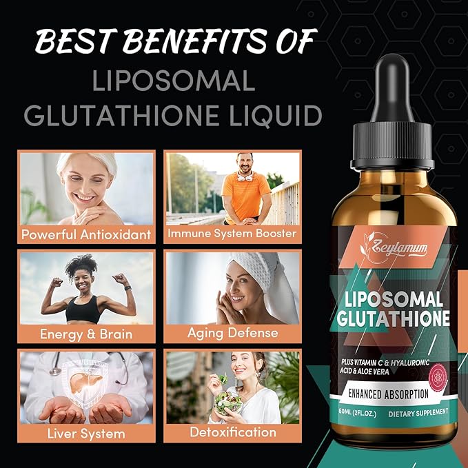 2000MG Liposomal Glutathione Liquid Drops, Ultra High Absorption, Natural Detoxification, Immune System & Skin Support*, L-Glutathione, Vitamin C & Hyaluronic Acid, Capsules Alternative, 2.02 OZ