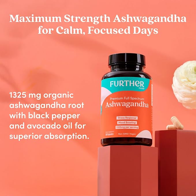 Further Food Organic Ashwagandha Root 1325mg with Black Pepper & Avocado Oil for Mood Boost, Ultra Absorption, Non-GMO, Gluten Free