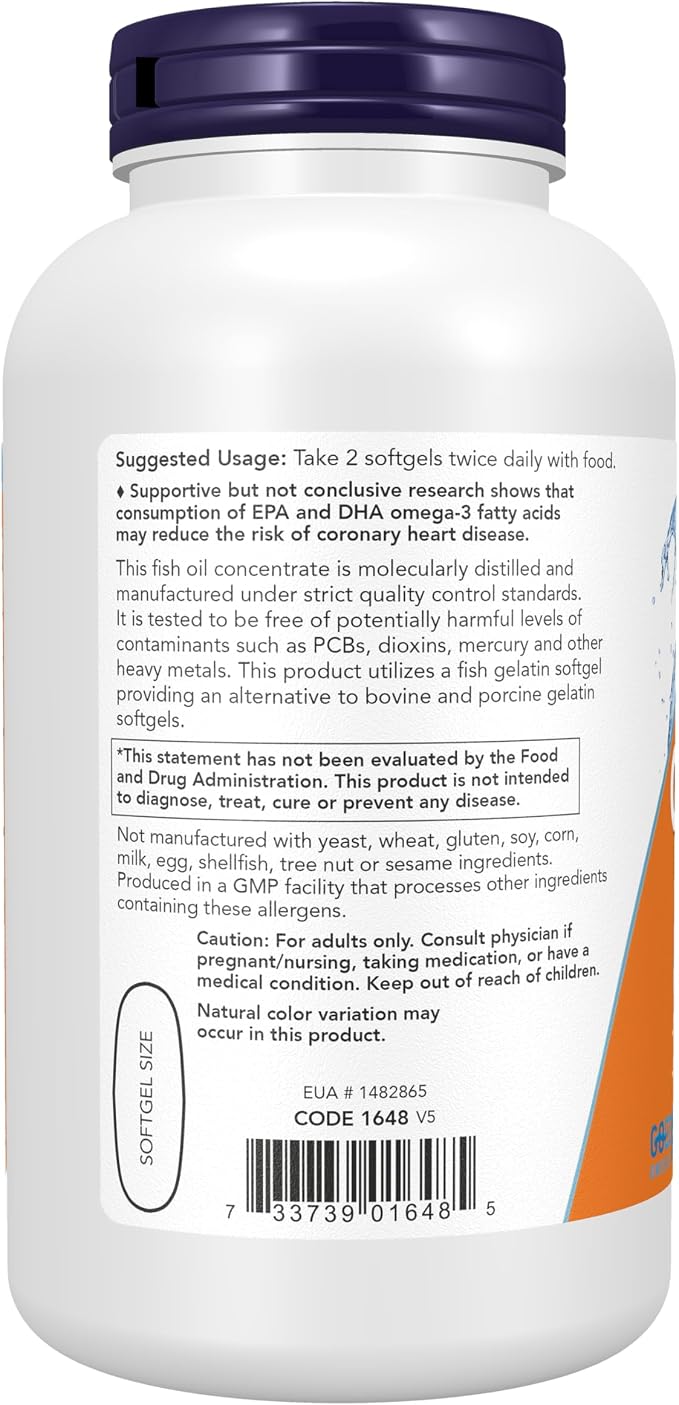 NOW Foods Supplements, Omega-3 180 EPA / 120 DHA, Molecularly Distilled, Cardiovascular Support*, 200-Fish Gelatin Softgels,Packaging may vary