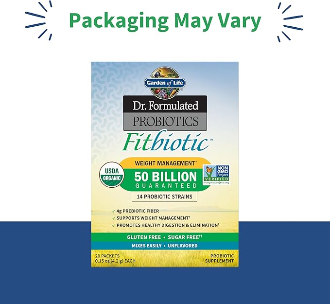 Garden of Life Dr. Formulated Probiotics Fitbiotic Weight Management Powder, 50 Billion CFU & Prebiotic Fiber, Organic & Non-GMO Digestive Gut Health Probiotic Supplement, 20 Single Serving Packets