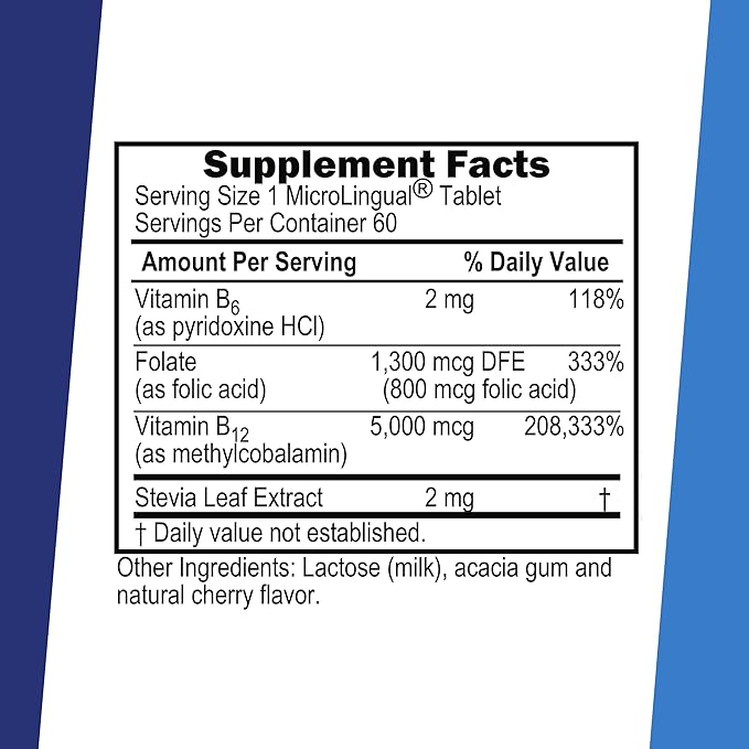 Superior Source No Shot Vitamin B12 Methylcobalamin (5000 mcg), B6, Folic Acid, Quick Dissolve Sublingual Tablets, 60 Ct, Increase Energy, Healthy Heart, Boost Metabolism, Stress Support, Non-GMO