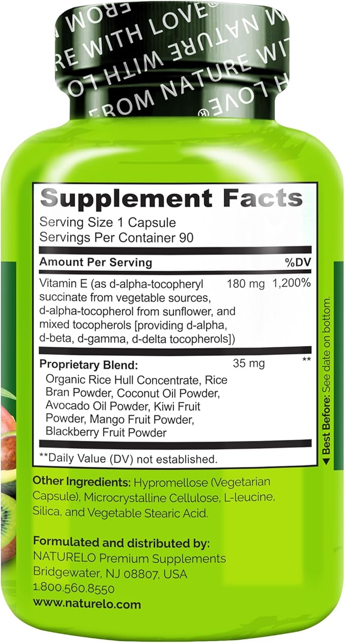 NATURELO Vitamin E Capsules 180 mg - 90 Vegan Capsules | Supports Skin, Hair, and Nails | Immune and Eye Health | Natural Mixed Tocopherols & Whole Foods | Non-GMO, Dry Vitamin E