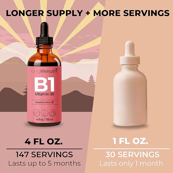 LongLifeNutri Vitamin B1 Liquid Drops - Thiamine Mononitrate Organic Supplement for Energy and Nerve Health, Fast Absorption, 4 FL OZ, 5-Month Supply, Lab Tested, Made in USA