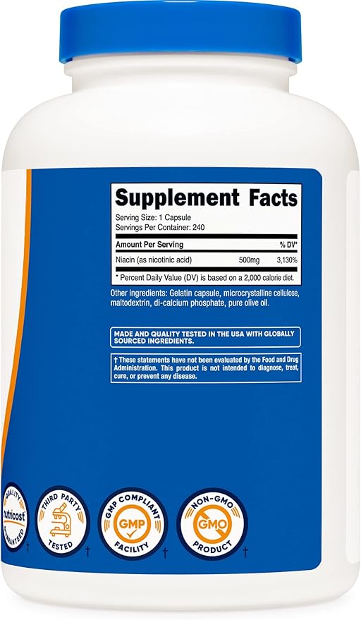 Nutricost Niacin (Vitamin B3) 500mg, 240 Capsules (3 Bottles) - Niacin Flush