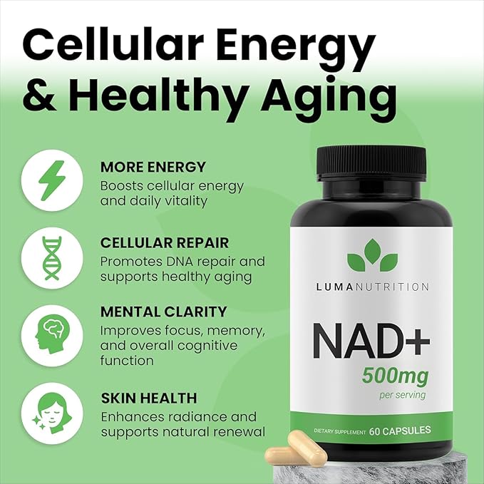Luma Nutrition NAD+ Supplement 500mg Per Serving (250mg per Capsule) – Aging Plus Energy, Metabolism & Cellular Support – Pure NAD Supplements for Women & Men, Made in USA