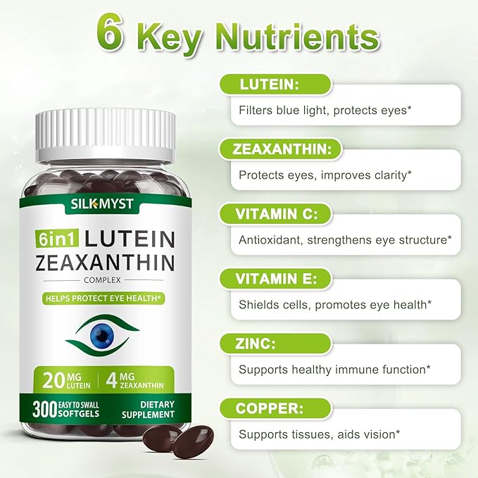 Lutein and Zeaxanthin Supplement - Eye Vitamins 300 Softgels, 20mg Lutein & 4mg Zeaxanthin with Vitamins C, E, Zinc, Copper for Blue Light Protection, Eye Health Support, 10 Months Supply