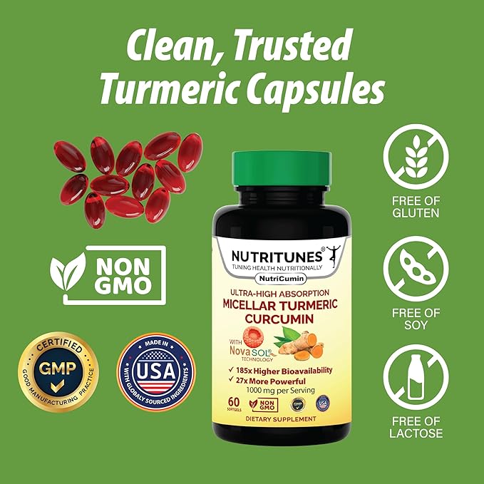 NutriCumin NovaSOL Turmeric Curcumin 1000 mg – 185× Absorption – Supports Joint Comfort & Mobility – Non‑GMO Softgels, 60 Ct.