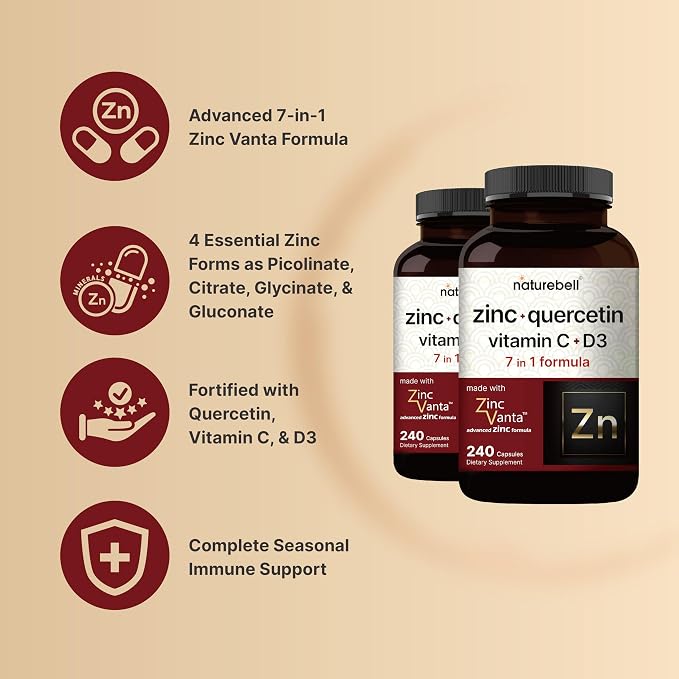 NatureBell Zinc Quercetin with Vitamin C & D3, 480 Capsules (2 Pack) | Quercetin 1,000mg + Zinc 50mg + Vitamin C 250mg + Vitamin D3 5,000 IU | 4-in-1 Advanced Immune & Lung Support | ZincVanta Formula