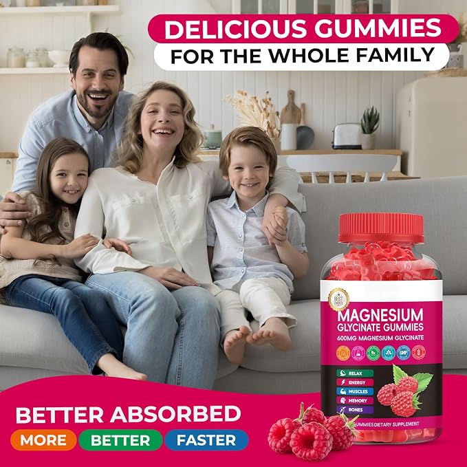 Magnesium Glycinate Gummies 600mg, High Absorption Magnesium Gummies with L-Threonate, Calcium, Vitamin B6, D3, Sugar Free Chews for Adults & Kids Relaxation, Stress Relief, Night Rest