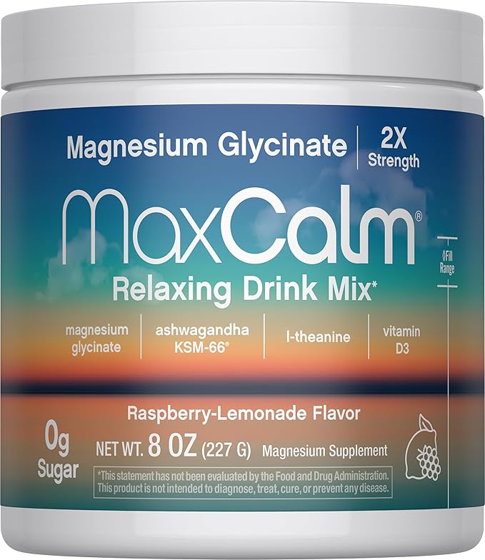 Relaxing Drink Mix | Raspberry-Lemonade Flavor | Magnesium Glycinate, KSM-66 Ashwagandha, L-Theanine & Vitamin D3 | MaxCalm | Gluten-Free, Vegan | 8 Ounce Powder