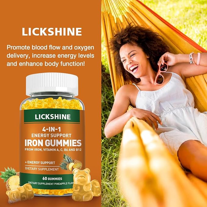 lickshine 2 Pack Vegan 100MG Iron Supplement Gummies for Women & Men - with Vitamin C, A, B for Adults & Kids - Energy Support for Iron Deficiency, Anemia - Pineapple Flavor (120 Ct)