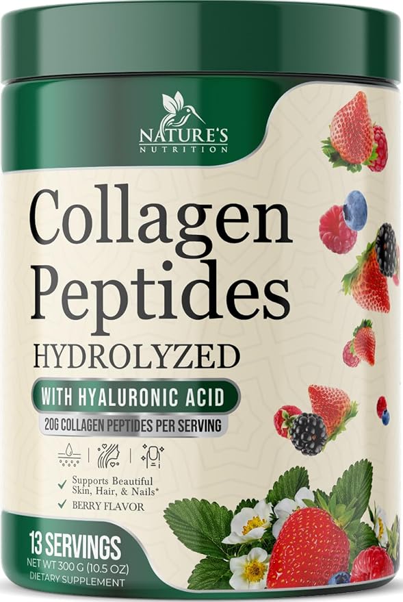 Collagen Peptides Powder 20g - Hydrolyzed Type 1 & 3 Berry Flavor Collagen Powder - Biotin, Hyaluronic Acid, Vitamin C - Hair, Skin, & Nails Support Supplement for Women & Men - Bottled in USA, 10.5oz