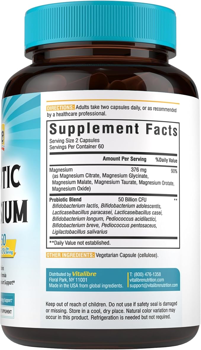 Vitalibre Probiotic with Magnesium Complex for Women Men, 50 Billion CFU, 9 Strains, Magnesium Glycinate Citrate Malate for Digestion, Immunity, Bone, Energy & Recovery, 120 Vegan Capsules, Non-GMO
