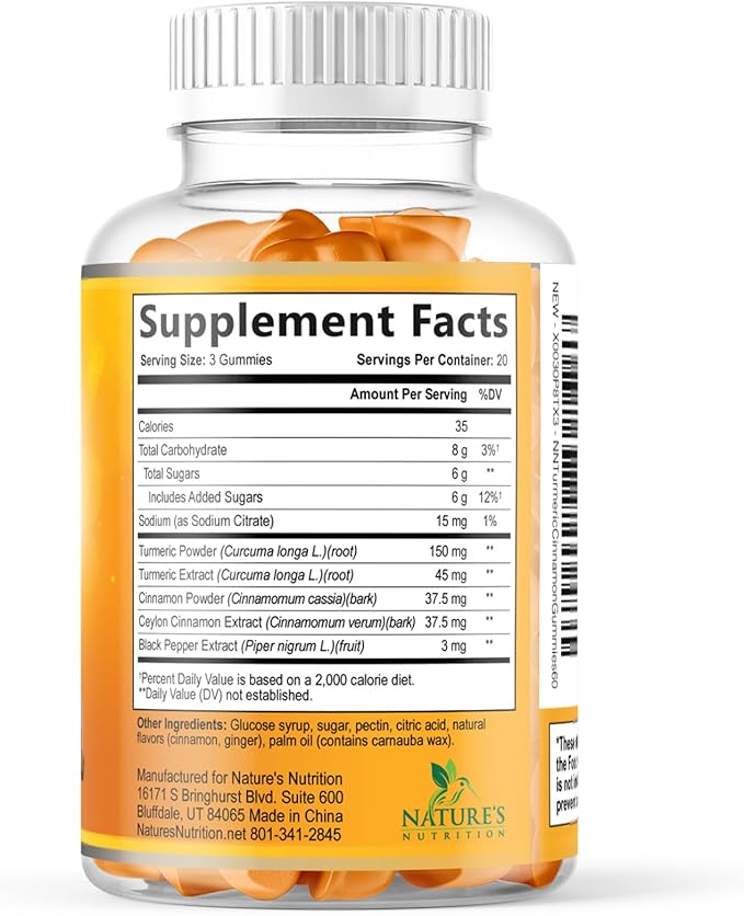 Turmeric Curcumin Supplement Gummies - 95% Curcuminoids with Turmeric Ginger, Black Pepper for Best Absorption, Nature's Vegan Joint Support, Non-GMO, Gluten Free, Tasty Cinnamon Flavor - 60 Gummies