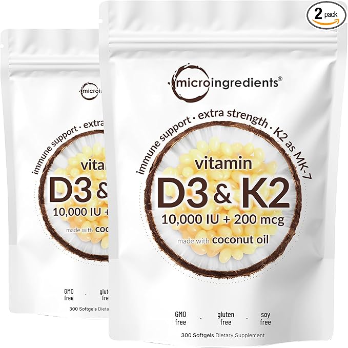 Micro Ingredients Vitamin D3 10,000 IU + K2 MK-7 200 mcg, 600 Softgels with Virgin Coconut Oil (2 Pack) | 2-in-1 Vitamins D & K Complex | Extra Strength, Easy to Swallow, Non-GMO, Gluten Free