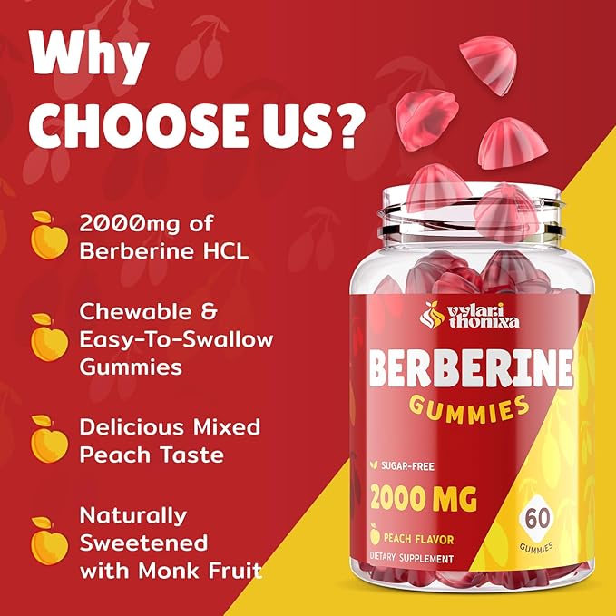 2000mg Berberine Supplement Gummies – High Potency Wellness Blend with Ceylon Cinnamon, Turmeric, Magnesium & Chromium, Vegan, Non-GMO, Gluten-Free, Peach Flavor, 60 Gummies - 1 Pack