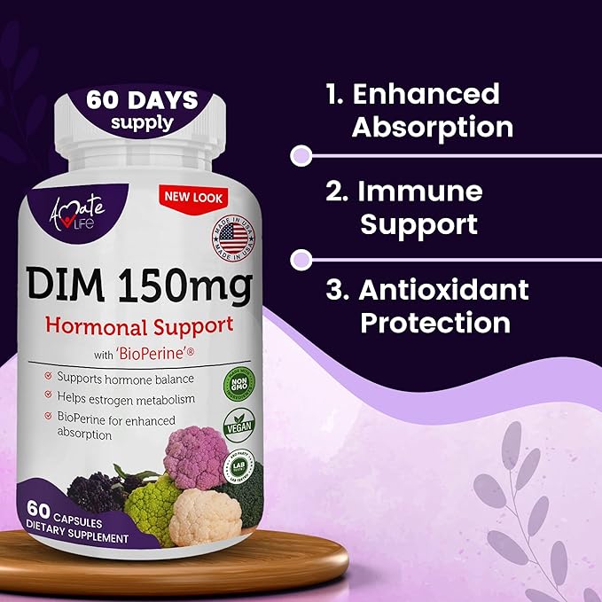 Women’s DIM Complex 150mg - Bioperine Estrogen Balancing Pills for Menopause & Hot Flashes Relief Support Hormonal Acne Powerful Supplement - Pack of 2 (60 Count per Bottle), Made in USA