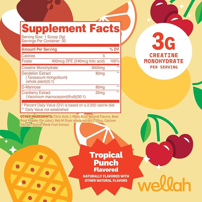 Wellah Creatine for Women - Creatine Monohydrate with Dandelion & Cranberry Extract (50 Servings, Tropical Punch)