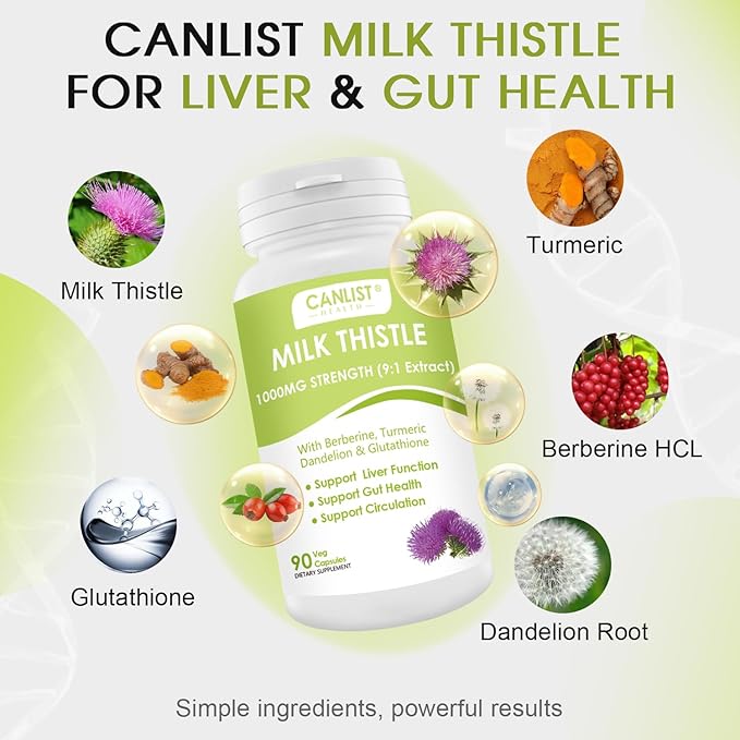 Milk Thistle Capsules 1000mg, Potent 9:1 Extract, Liver Health Support, Detox & Cleanse, Antioxidant & Gut Health, Non-GMO, Gluten-Free, 90 Capsules