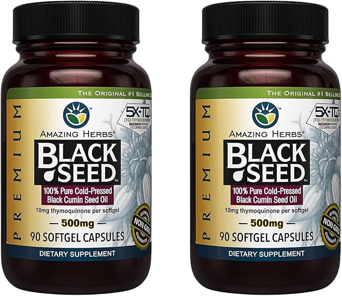 Amazing Herbs Premium Black Seed Oil Capsules - Gluten Free, Non GMO, Cold Pressed Nigella Sativa Aids in Digestive Health, Immune Support- 90 Count, (Pack of 2)