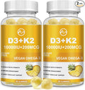 M inch Vitamin D3 K2 Gummies, Vitamin D3 10000IU, K2 (MK-7) 200mcg, 6-in-1 Vitamina D3 con K2 Supplement with Omega-3 for Women and Men - Bones, Teeth & Immune Support, Sugar Free, 2 Pack