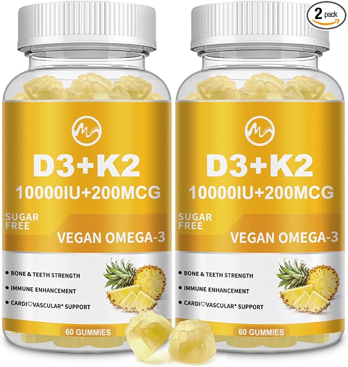 M inch Vitamin D3 K2 Gummies, Vitamin D3 10000IU, K2 (MK-7) 200mcg, 6-in-1 Vitamina D3 con K2 Supplement with Omega-3 for Women and Men - Bones, Teeth & Immune Support, Sugar Free, 2 Pack