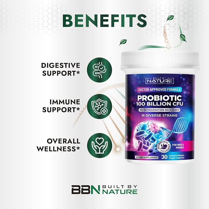Built by Nature 100 Billion CFU Probiotic – 16 Strains + Prebiotics – Immune & Digestive Support – for Women & Men – Delayed Release Capsules, Shelf Stable – 1 Month Supply - 30 Capsules