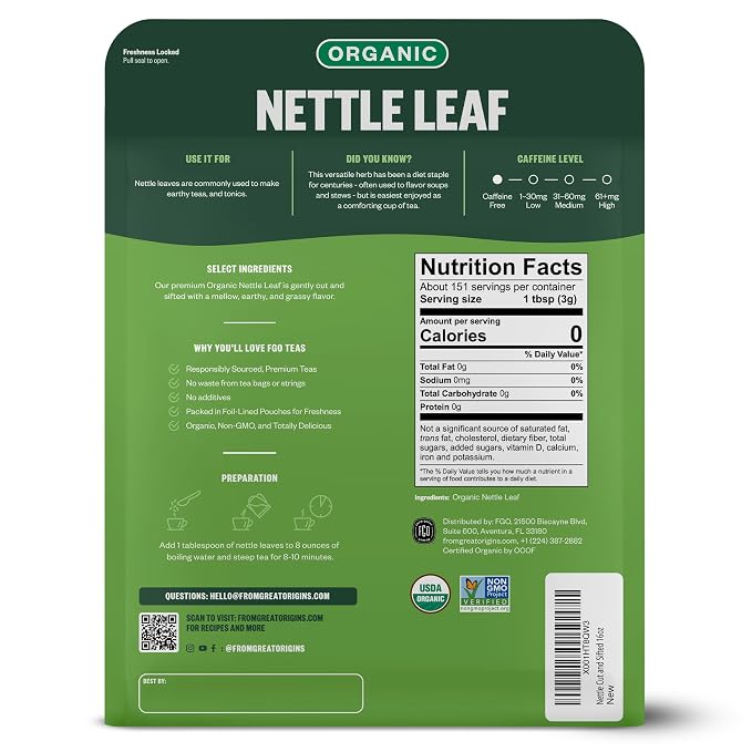 FGO Organic Nettle Leaf Loose Tea, Cut and Sifted, Caffeine Free, 16oz Bulk Resealable Bag, Packaging May Vary (Pack of 1)