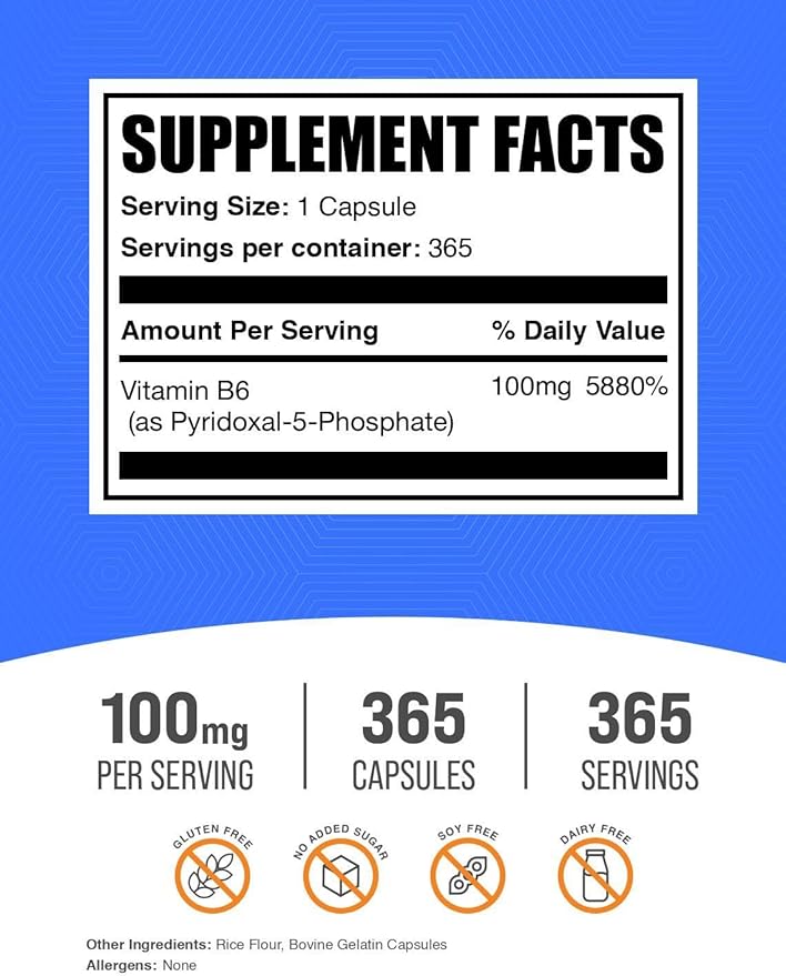 BulkSupplements.com Pyridoxal 5 Phosphate Capsules - P5P Supplement, Vitamin B6 Supplement - Essential & Gluten Free, 1 Capsule per Serving, 100mg Serving, 365 Count (Pack of 1)