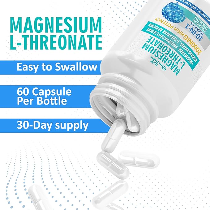 Magnesium L-Threonate 2000mg | 10-in-1 Supplement for Brain Health & Cognitive Support | High-Absorption Magnesium Threonate Capsules, 60 Count