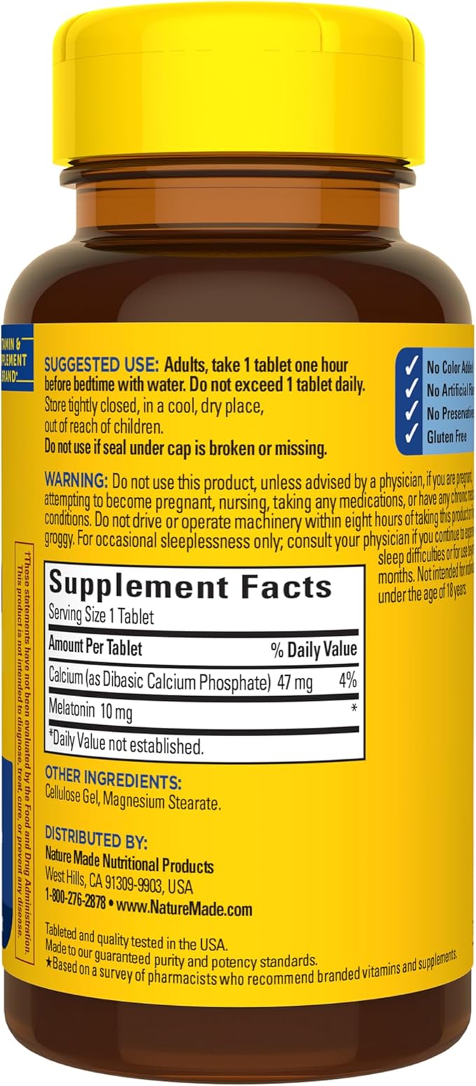 Nature Made Melatonin 10mg Maximum Strength Tablets, 100% Drug Free Sleep Aid for Adults, Melatonin for Adults, 70 Count, 70 Day Supply