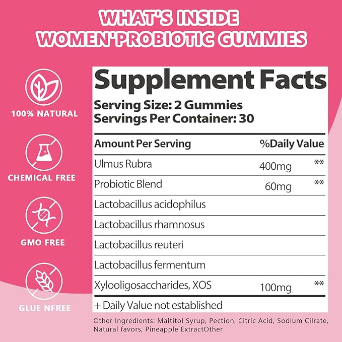 Feminine Vaginal Probiotics Gummies, Supports pH Balance & Digestive Health, Slippery Elm for Women, Suagr-Free, Veagn, Pineapple Flavor, 60 Count