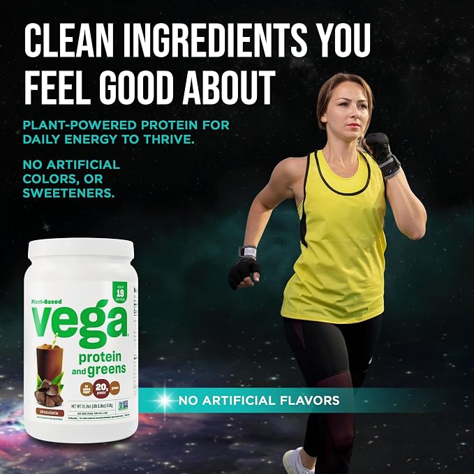 Vega Premium Protein + Supergreens, Chocolate – 20g Vegan Protein, Dairy & Gluten Free, 22.4 oz (19 Servings)